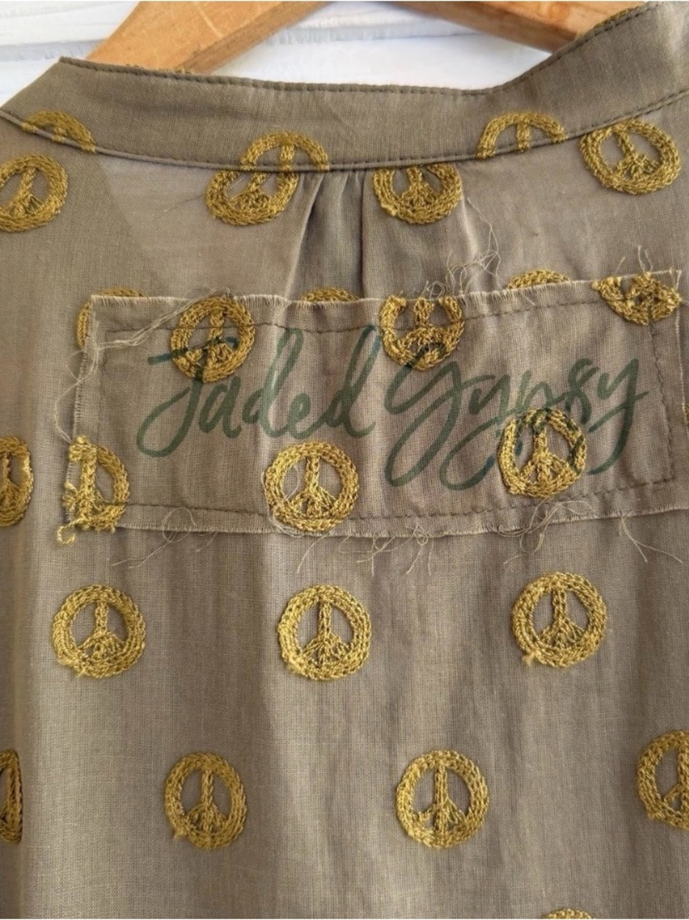 Jaded Gypsy Olive Green Button-Front
Peplum “Peace be With You” tunic in S/M - Picture 5 of 12